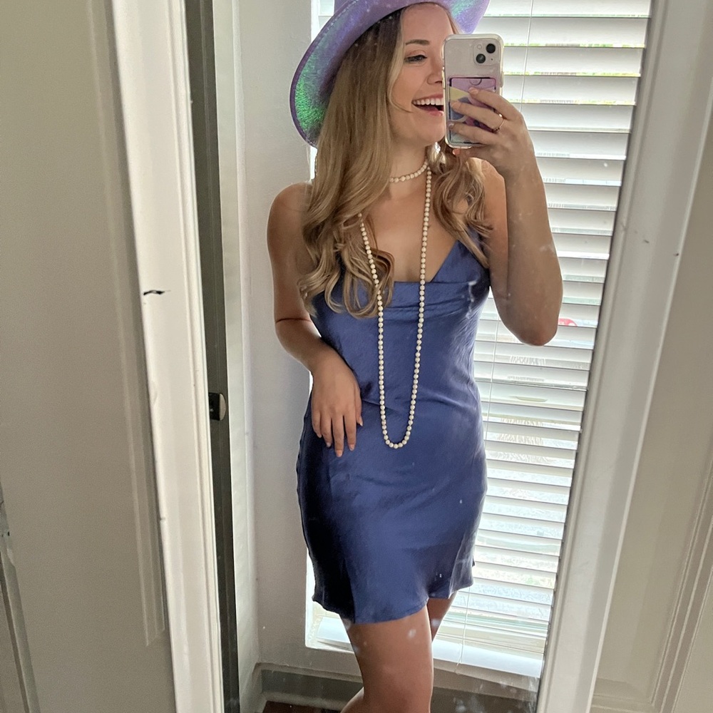 Blue Satin Cowl Neck Slip Dress